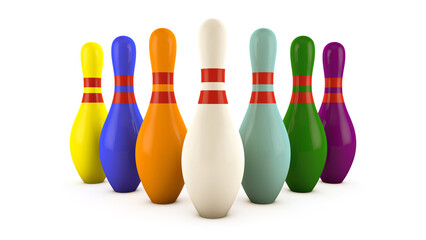 Colored bowling pins on a white background. Sports equipment. The concept of a leader. 3d rendering. Illustration. - obrazy, fototapety, plakaty