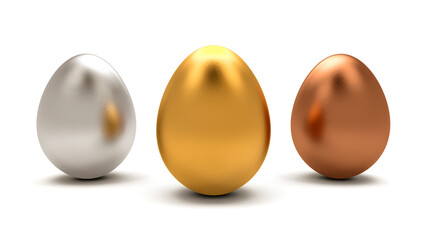 Eggs on a white background. Gold silver and bronze. 3D rendering. Illustration.