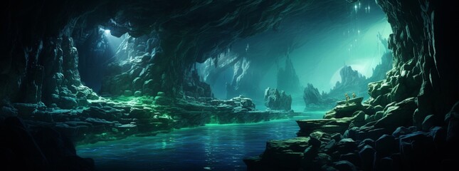 Underwater aurora cavern's Sustainable Magic contrasts with the ferocity of Feathered Tempest, serene below, turmoil above - obrazy, fototapety, plakaty