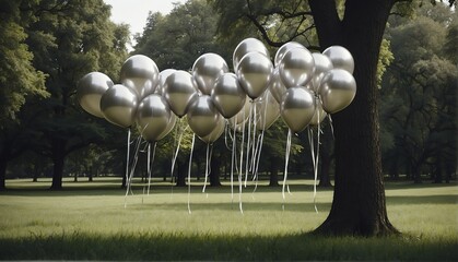 silver balloons on park with giant gold buddha statue from Generative AI