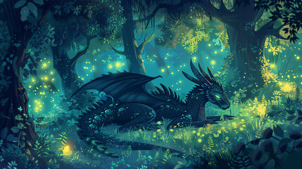 Beautiful black dragon in a night forest peacefully