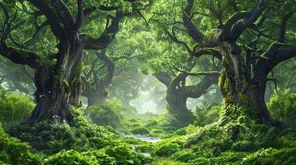 Beautiful fairytale enchanted forest with big trees