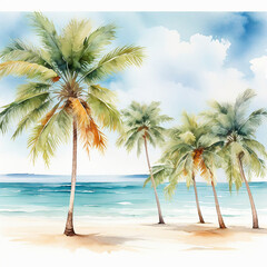 Illustration of palm trees on the beach with the ocean sea, sun over the sea, rays diverging in all directions, horizon, watercolor painting of palm trees on a white background