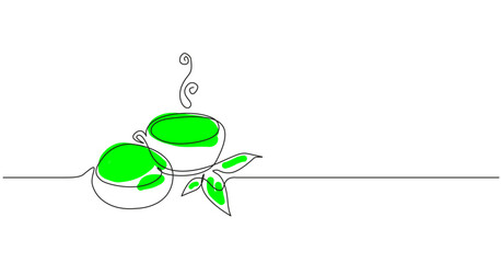 Simple vector illustration of the green tea matcha powder. Floral line art with the tea cup and branch of the green tea leaves.