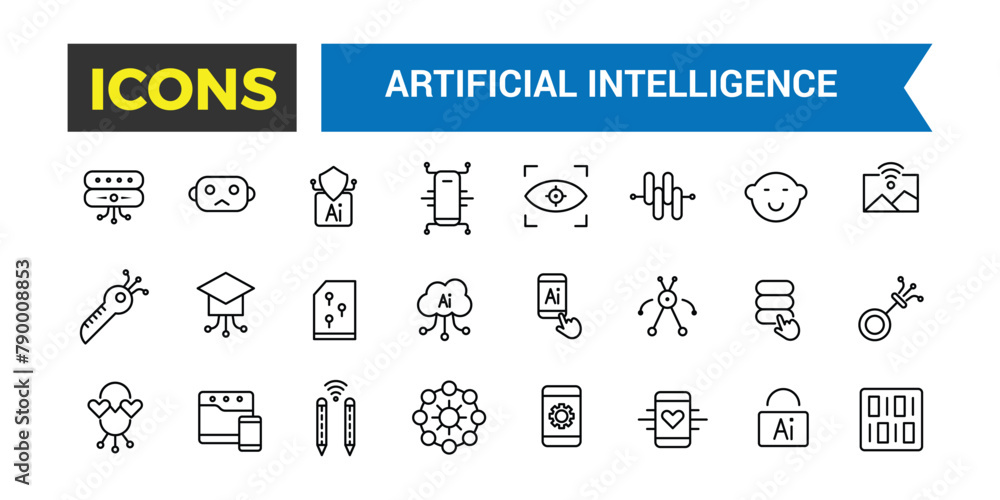 Poster artificial intelligence line icons collection, big ui icon set in a flat design, thin outline icons 