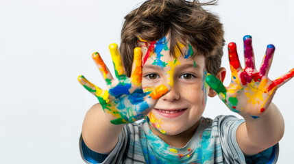 Child's joyful expression with colorful hands, excellent for creative development themes.