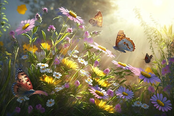 Fototapeta premium Beautiful butterflies over forest colored flowers with a blurred background. AI generated.