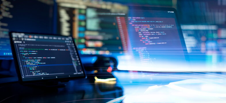 Digital technology industry concept development of programming and coding technologies.