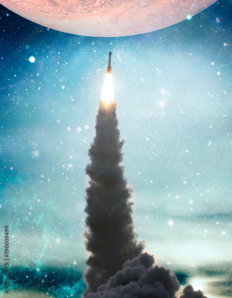 Wall mural rockets launch into space on the starry sky. spacecraft flies into space with clouds of smoke. eleme