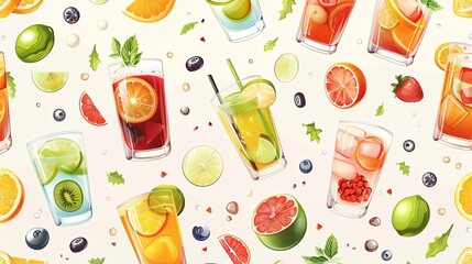 pattern with fruits and glass of juice