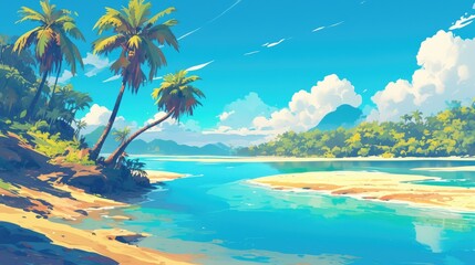 Obraz premium A vibrant digital painting background showcases palm trees swaying gracefully on a sandy river bank under the warm daylight creating a picturesque illustration