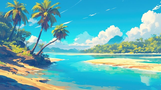 A vibrant digital painting background showcases palm trees swaying gracefully on a sandy river bank under the warm daylight creating a picturesque illustration