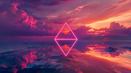 Futuristic neon triangle in the burning sky with stunning pink colors.