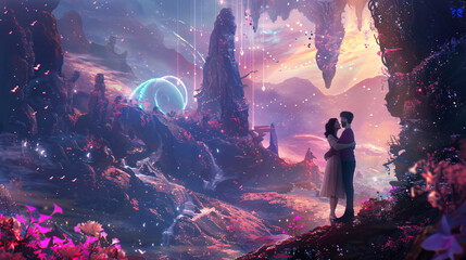 Couple embraces in a surreal landscape  - obrazy, fototapety, plakaty