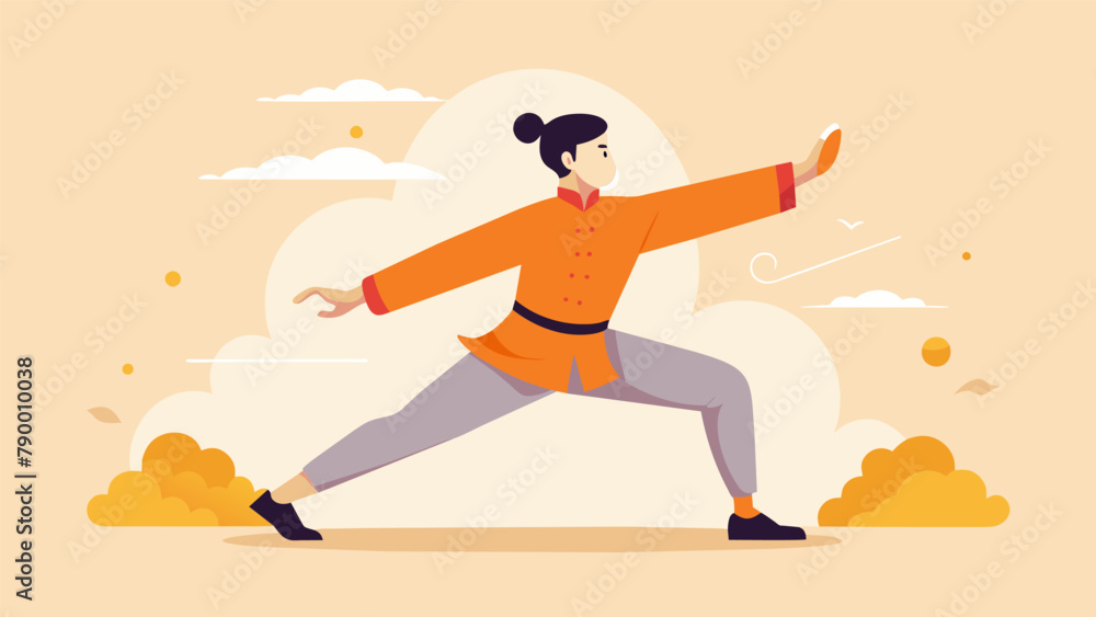 Poster an image of a person practicing tai chi with a description of how the slow deliberate movements and 
