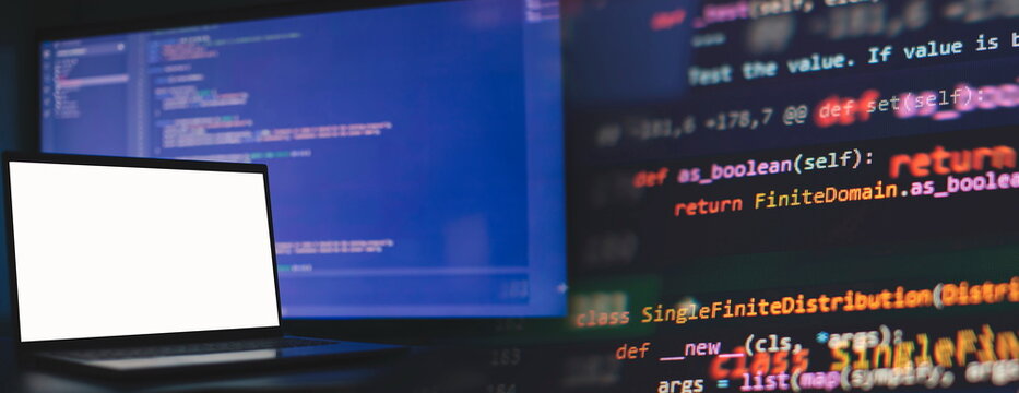 Cyber space concept. programming code on computer screen , abstract screen of software developer. Computer script.