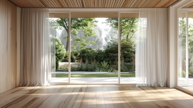A large open room with a view of a lush green yard. The curtains are white and the room is empty