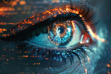 A single eye staring out from a digital void, its pupil glowing with the power of information, representing the watchful eye of technology. - obrazy, fototapety, plakaty