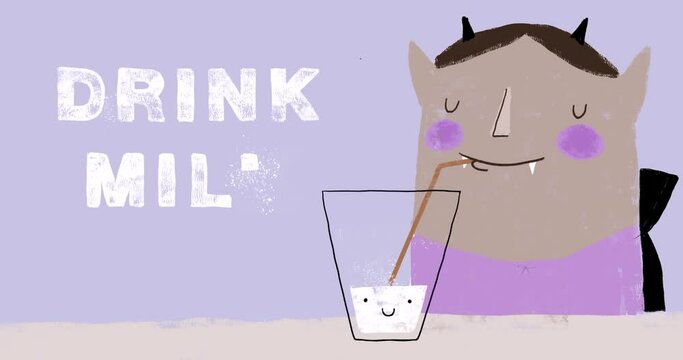 Drink Milk. Funny Hand Drawn Animated Illustration with Nice Vampire Drinking Milk and Freehand Letters. Cool Halloween Grahic ideal for Banner. Cute Vege Vampire Sipping Milk Through a Straw.