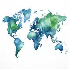 A watercolor painting of the world map in blue and green.