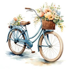 Fototapeta na wymiar watercolor painting of a blue bicycle with a basket full of flowers