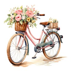 watercolor painting of a pink bicycle with a basket full of flowers