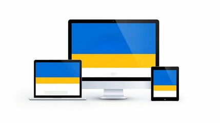 A set of devices including a laptop, desktop, and tablet aligned, each showcasing the Ukrainian flag on screen signifying digital solidarity.