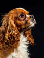 Naklejka premium Studio portrait of a dog over a black background cavalier king charles spaniel