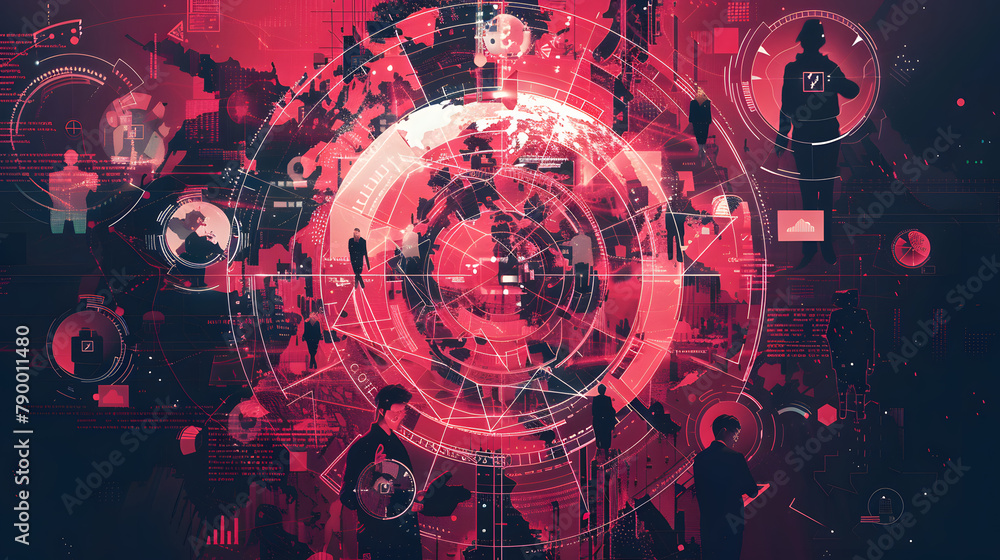 Poster a cyber world surrounded by digital connections. with depictions of data scientists around it in dif