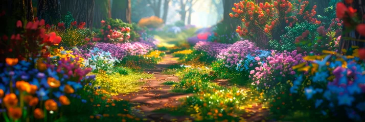 Fotobehang springtime winding paths through blooming gardens and lush forests. © Maximusdn