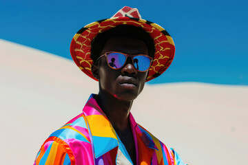 A black male model in colorful geometric clothing with a modern hat in the sand dunes under a clear sky