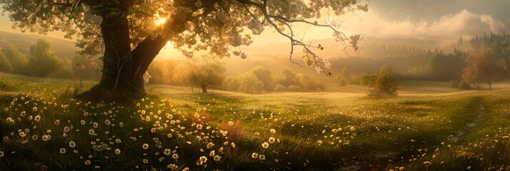 serenity of spring mornings with textured misty valleys and dew-covered landscapes. - obrazy, fototapety, plakaty