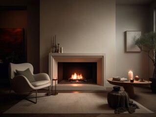A cozy living room with a fireplace, decorated with warm tones and a mix of modern and rustic furniture