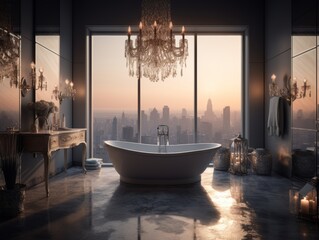 A luxurious bathroom with a freestanding bathtub and a chandelier