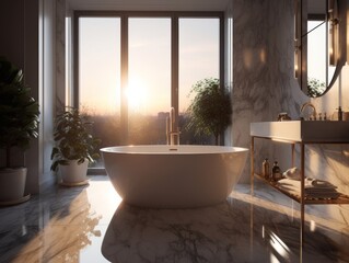 A luxurious bathroom with marble floors and a freestanding soaking tub, featuring a custom chandelier