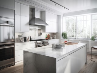 A sleek white kitchen with stainless steel appliances