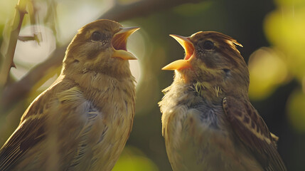 A detailed shot of two birds singing together. their melodious expressions and vibrant feathers illuminated by the midday sun - obrazy, fototapety, plakaty