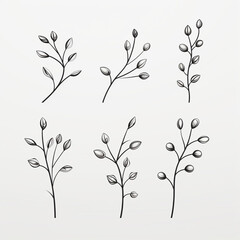 a set of illustrated single, single-colored twigs with rounded leaves and balls in a lineart style, drawn with a fineliner сreated with Generative Ai