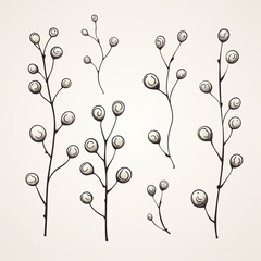 a set of illustrated single, single-colored twigs with rounded leaves and balls in a lineart style, drawn with a fineliner сreated with Generative Ai