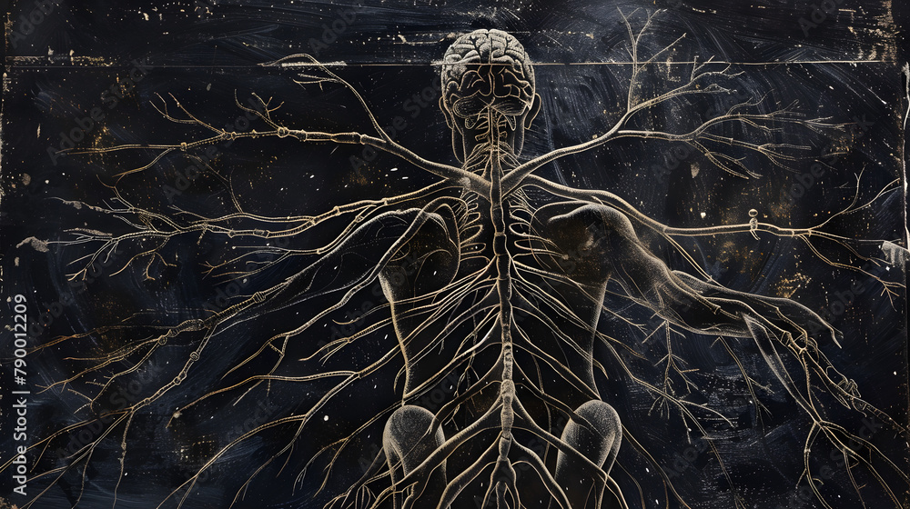 Poster a detailed sketch of the nervous system in the body. highlighting the intricate nerve fibers and sig