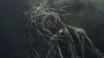 A detailed sketch of the nervous system in the body. highlighting the intricate nerve fibers and signal transmission paths. The backdrop is dark to underscore these complex structures.  - obrazy, fototapety, plakaty