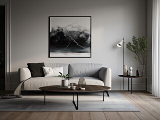 Minimalist living room with white walls, a sleek gray sofa, and a geometric coffee table, accented by a black and white abstract painting