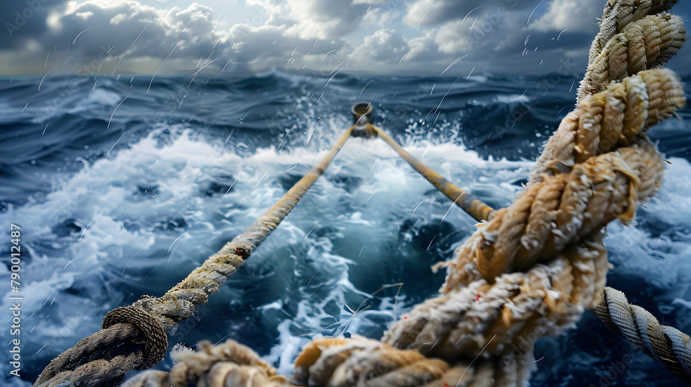 Poster a detailed view of a sailors rope as they navigate the seas. highlighting its strength and dependabi