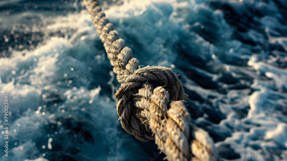 Poster a detailed view of a sailors rope as they navigate the seas. highlighting its strength and dependabi
