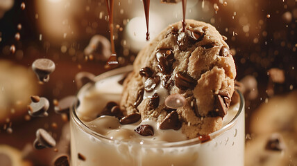 A close-up video of a chocolate chip cookie being dunked into a glass of milk.
