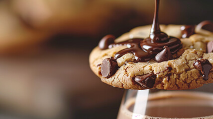 A chocolate chip cookie with chocolate syrup being poured on it. - obrazy, fototapety, plakaty