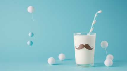 A glass of milk with a mustache on it and a straw. There are some polka dot balloons floating around it. The background is blue.