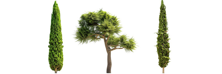 set of cypress trees, tall and slender, isolated on transparent background