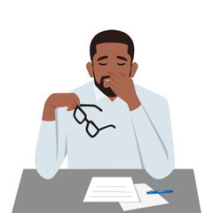 Black man feel stress in office. Headache while working with documents. Flat vector illustration isolated on white background