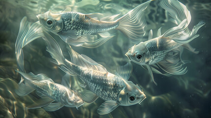A detailed view of four fish swimming together. their graceful movements and shiny scales bathed in the underwater light